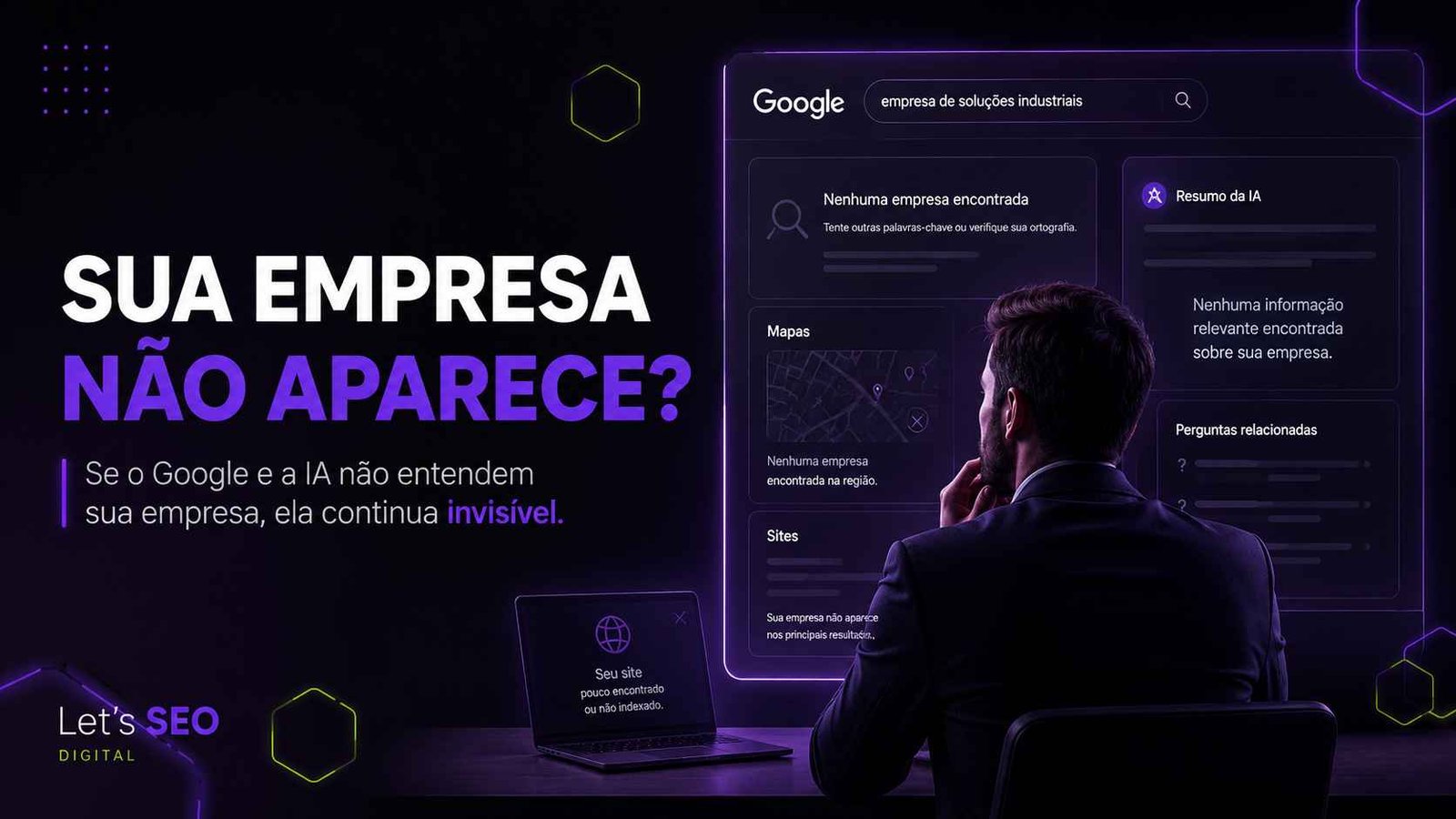 Empresário analisando tela de busca do Google e IA mostrando que a empresa não aparece nos resultados digitais