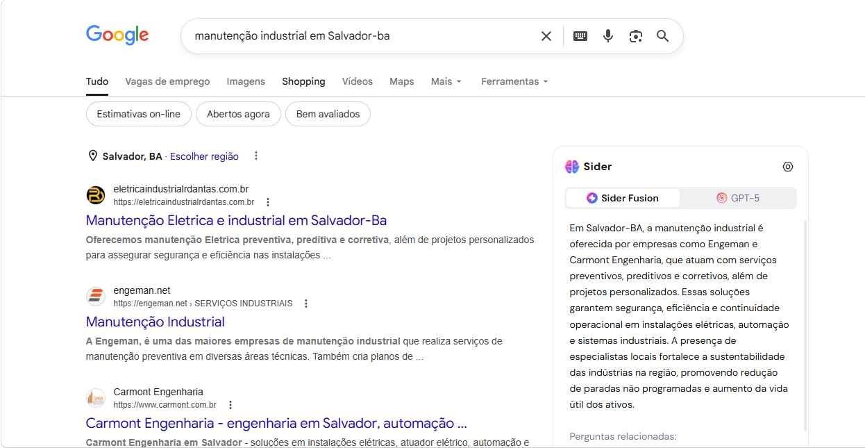 Print de resultado de SEO para manutenção industrial em Salvador BA