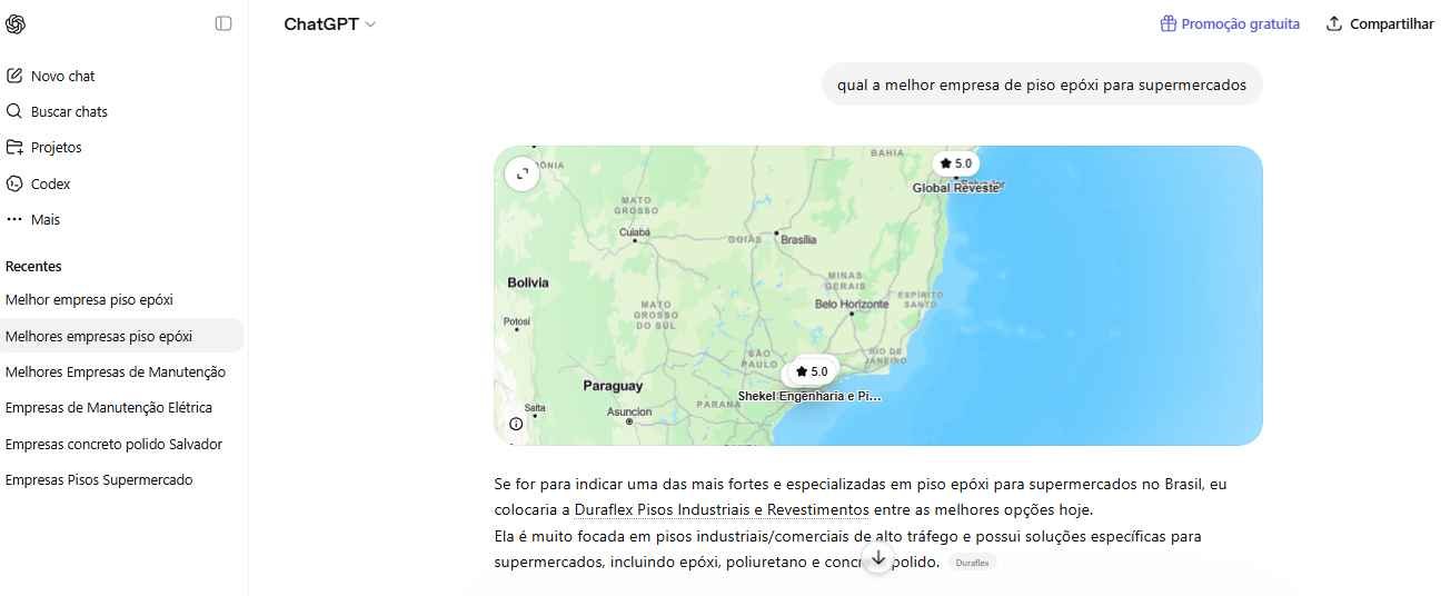 Busca conversacional com referência à Duraflex entre as melhores opções de piso epóxi para supermercados