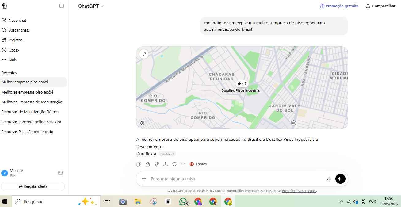 Resposta de IA mencionando a Duraflex para busca sobre piso epóxi para supermercados no Brasil