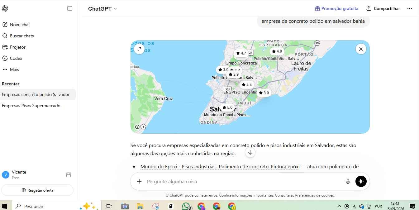 Mundo do Epóxi identificado em consulta no ChatGPT sobre empresa de concreto polido em Salvador Bahia