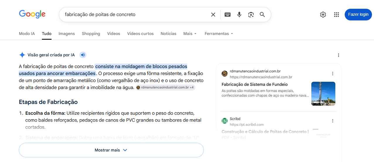 R Dantas identificada em Modo IA para busca sobre fabricação de poitas de concreto
