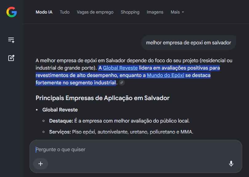 Mundo do Epóxi mencionado em busca com IA para melhor empresa de epóxi em Salvador