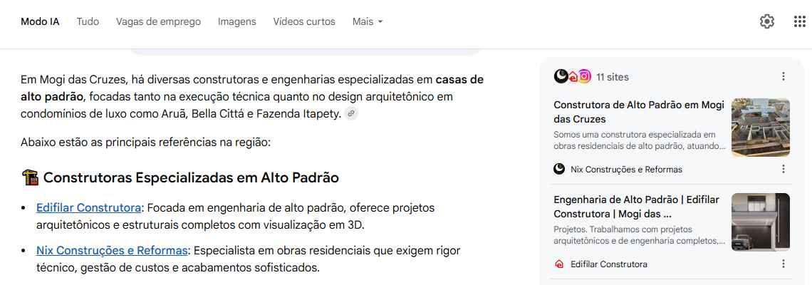 Nix Construções mencionada em Modo IA entre construtoras de alto padrão em Mogi das Cruzes