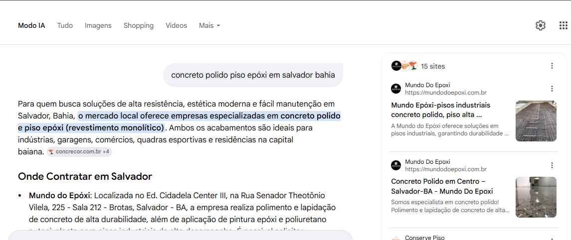 Mundo do Epóxi em resposta com IA e resultados associados para concreto polido piso epóxi em Salvador Bahia