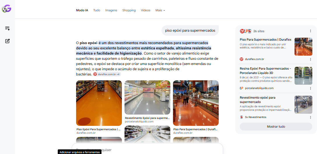 Google Modo IA exibindo imagens e resultado da Duraflex para piso epóxi para supermercados