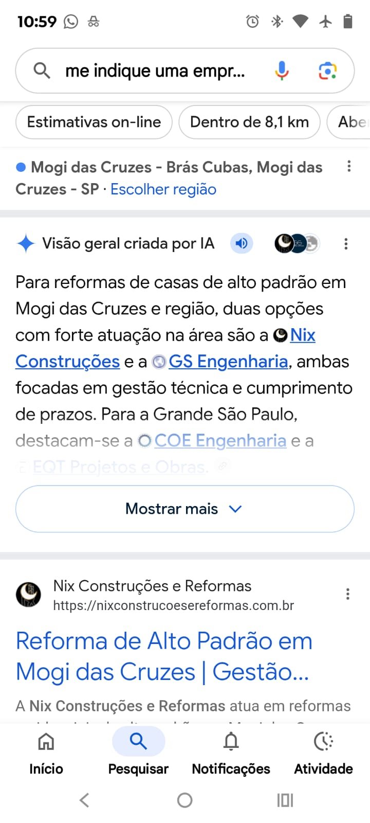 Nix Construções citada em visão geral criada por IA do Google para reformas de casas de alto padrão em Mogi das Cruzes e região