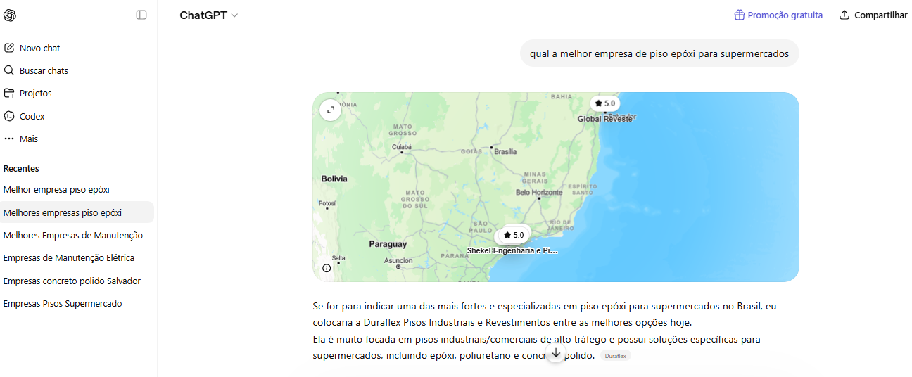 ChatGPT mencionando Duraflex entre opções para piso epóxi para supermercados no Brasil
