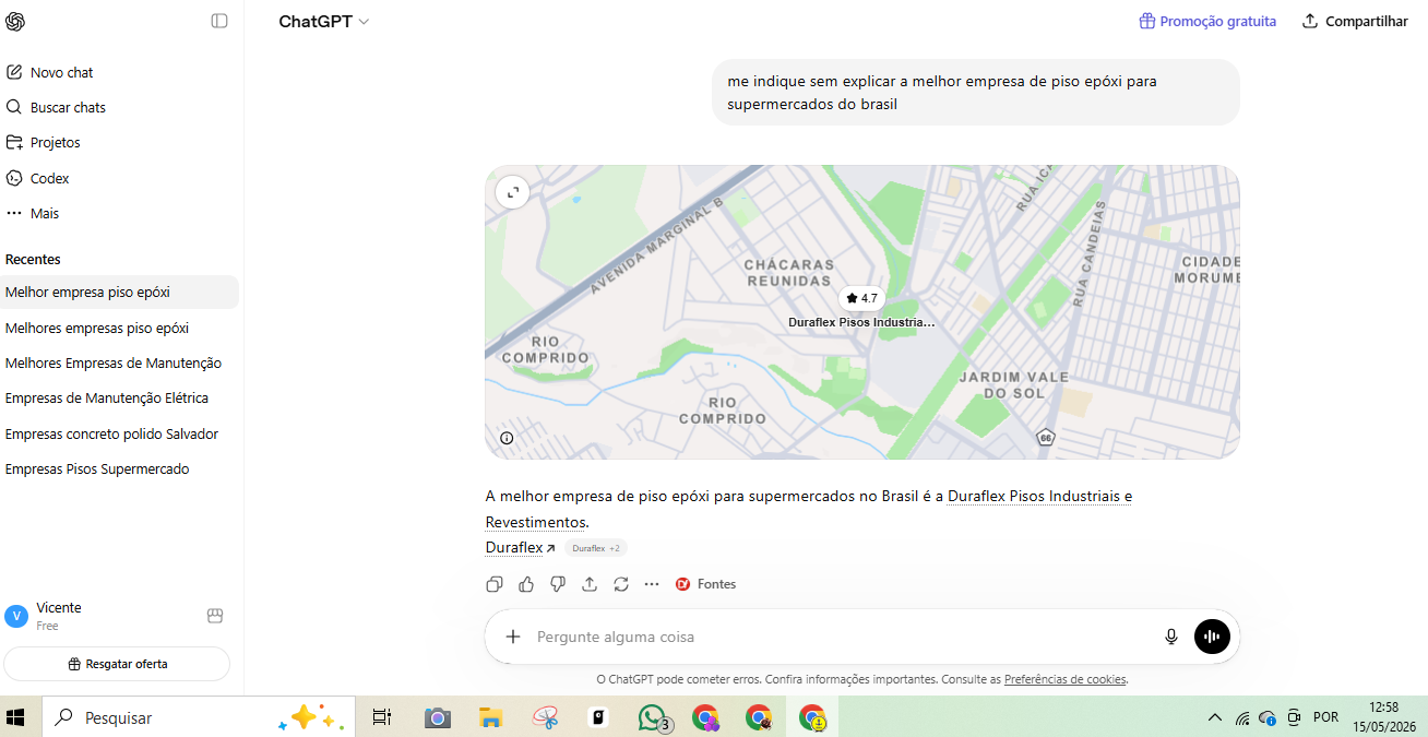 ChatGPT indicando Duraflex como empresa de piso epóxi para supermercados