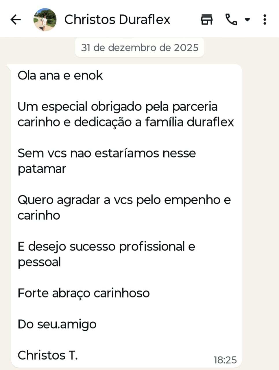 Depoimento de Christos T., CEO da Duraflex, agradecendo Ana e Enok pelo trabalho realizado