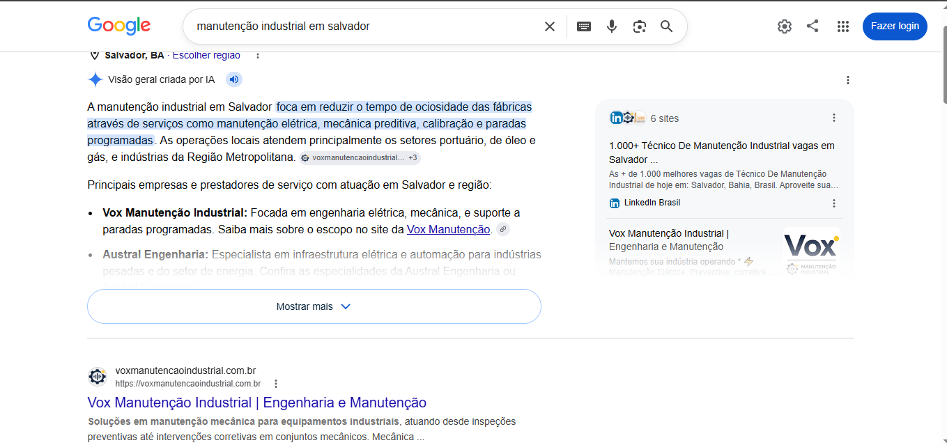 Vox Manutenção Industrial aparecendo no Google para busca de manutenção industrial