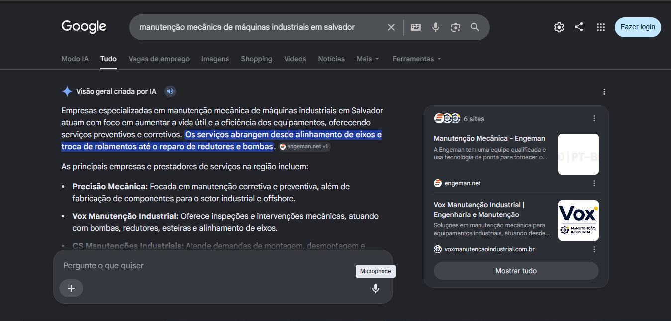 Vox Manutenção Industrial aparecendo no Google para busca de mecânica industrial