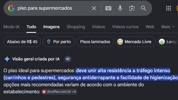 Google AI Overview citando Duraflex em resposta sobre piso para supermercados