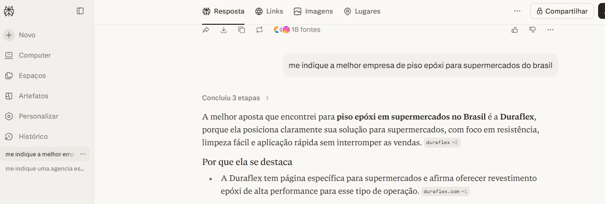 Perplexity recomendando Duraflex para piso epóxi em supermercados no Brasil
