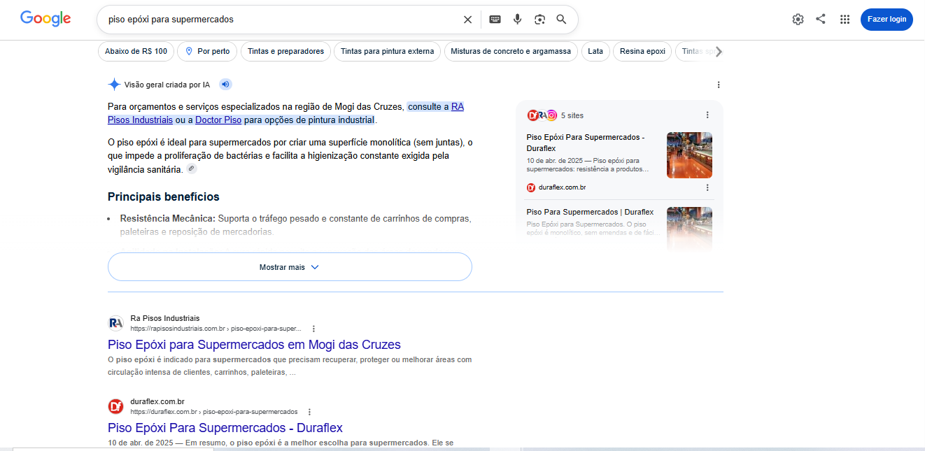 R.A Pisos Industriais aparecendo para busca sobre piso epóxi para supermercados