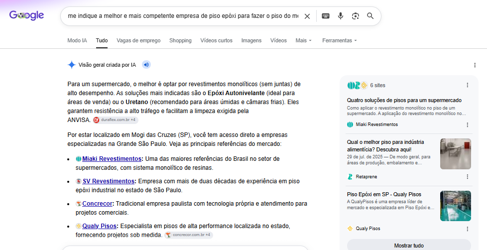 Google AI Overview citando Duraflex em resposta sobre piso epóxi e uretano para supermercados
